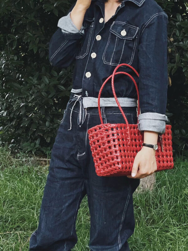 Openwork Woven Plastic-Coated Shoulder Bag